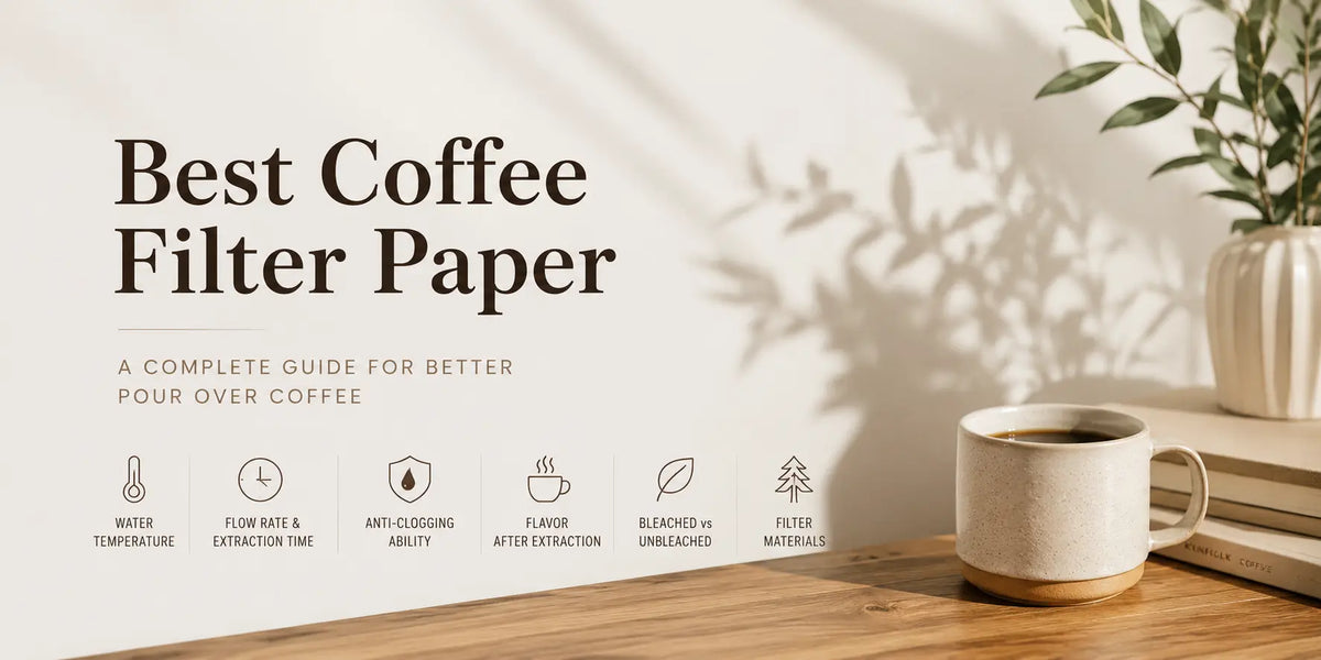 Comparison of the best coffee filter paper brands in the USA, featuring Hario, Cafec, Sibarist, Kalita, Chemex, Origami, Melitta, Filtropa, Kono, and Fellow filter papers beside a pour over coffee setup.