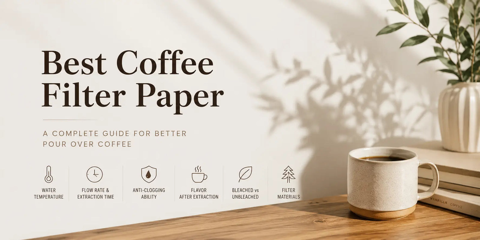 Comparison of the best coffee filter paper brands in the USA, featuring Hario, Cafec, Sibarist, Kalita, Chemex, Origami, Melitta, Filtropa, Kono, and Fellow filter papers beside a pour over coffee setup.